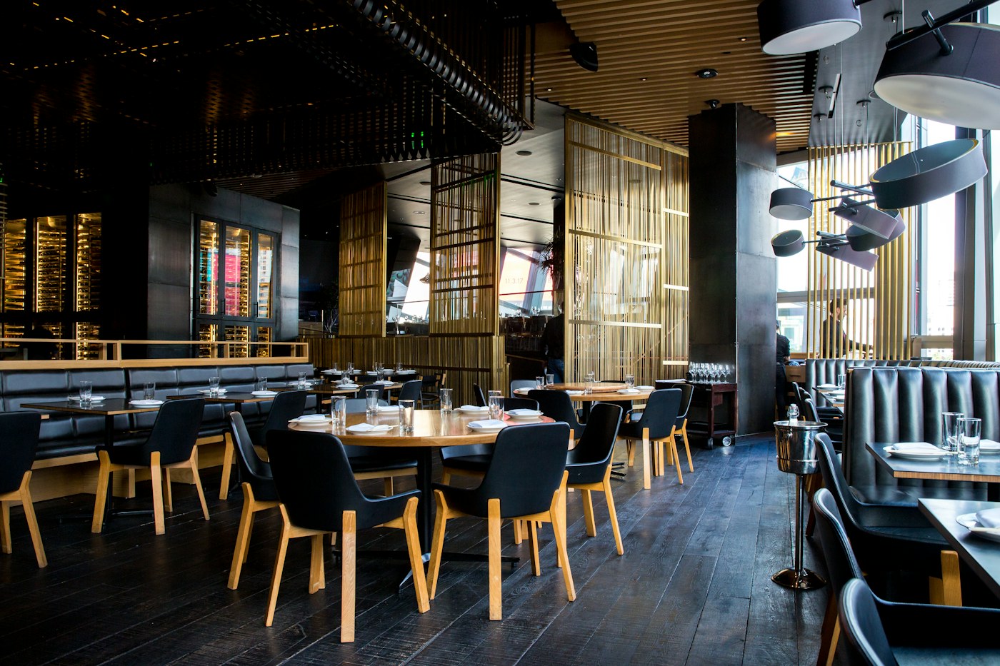 Warmly lit restaurant dining room